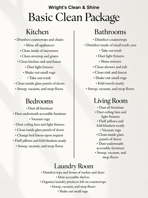 Basic Clean Package: kitchen, bathrooms, bedrooms, living room, and laundry room details
