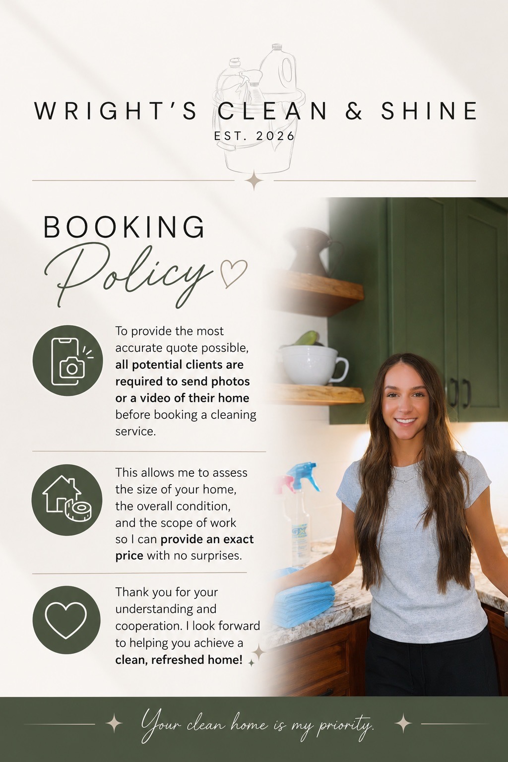 Wright's Clean & Shine booking policy: free walk-throughs, flexible scheduling, simple payment options