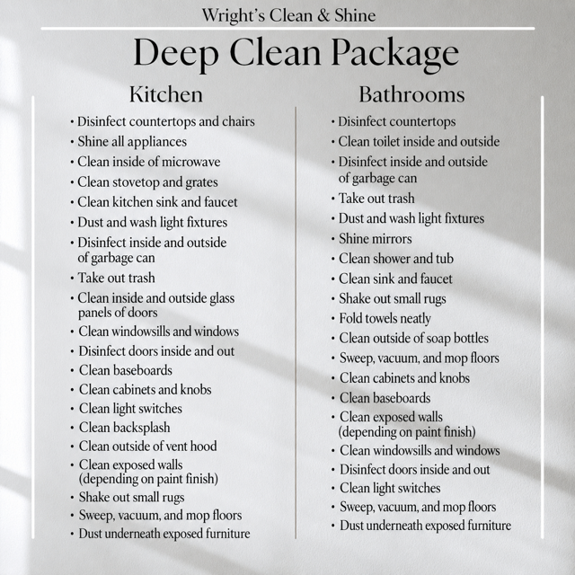 Deep Clean Package: comprehensive kitchen and bathroom cleaning with additional details and finishes